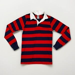 Vintage 80s Mens Campus Rugby Polo M Red Navy Stripe Long Sleeve Made In USA